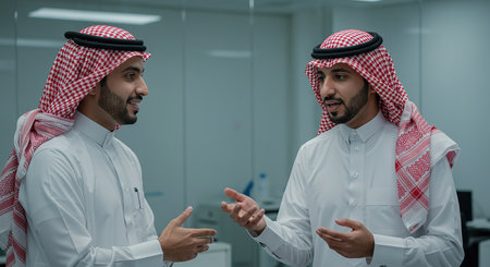 Arabic business people discussing business plan in modern office. Arabian businessman and arabian businesswoman discussing project in modern office.の素材