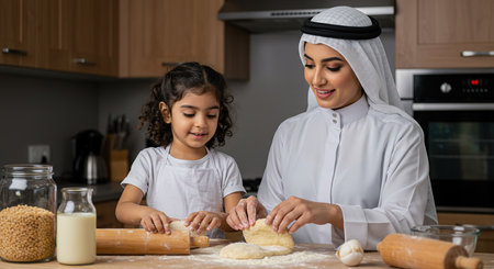 happy muslim mother and daughter kneading dough together in kitchenの素材
