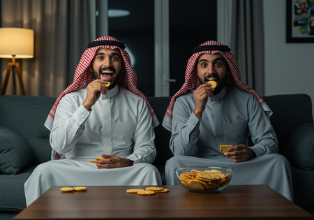 Arabic businessmen eating chips and having fun while sitting on sofa at homeの素材