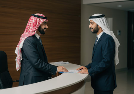 Two arabic businessmen shaking hands while standing at reception desk in hotel lobbyの素材