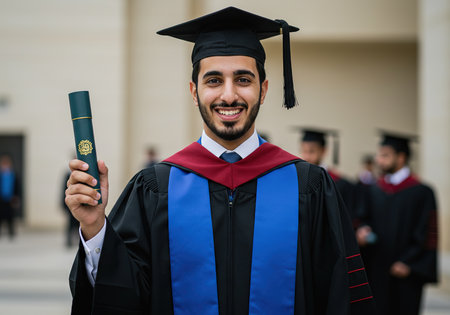 Portrait of a happy male graduate in cap and gown holding diplomaの素材