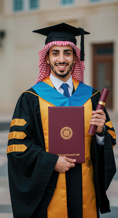 Portrait of a smiling arabic male graduate holding a diploma and looking at cameraの素材