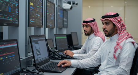 Portrait of two arabian software developers working in server roomの素材