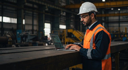 Engineer or factory worker using laptop computer in factory warehouse. Industry and engineering concept.の素材