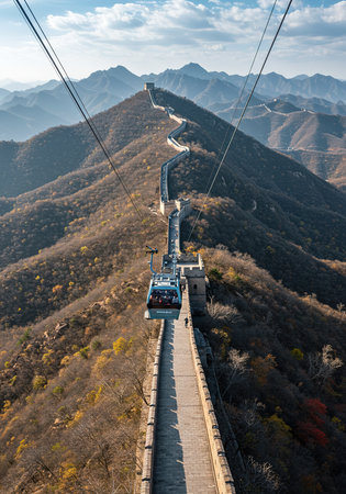 Cable car on the Great Wall in Beijing, China. The Great Wall is one of the most visited places in China.の素材