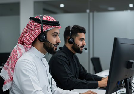Arabic call center operator working with headset and computer in modern officeの素材