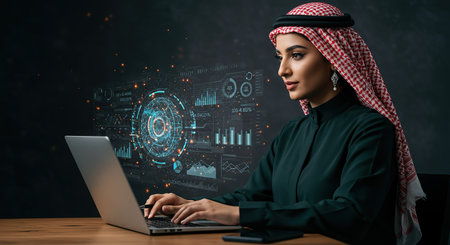 Young arabian businesswoman working on laptop with digital charts and graphsの素材