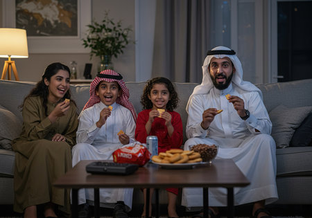 Multiethnic group of people eating fast food while sitting on sofa at homeの素材