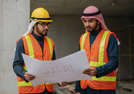 indian engineer and arabic architect discussing blueprint in construction siteの素材