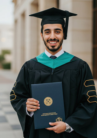 Portrait of a smiling male graduate holding a diploma and looking at cameraの素材