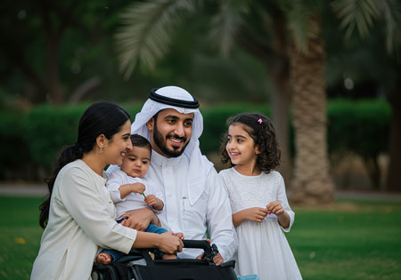 Happy arabic family with children in the park. Family holiday concept.の素材