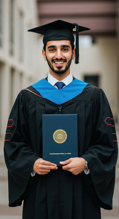Portrait of a happy male graduate holding a diploma while standing outdoorsの素材