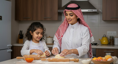 Arabic family cooking together in the kitchen. Mother and daughter baking cookies.の素材