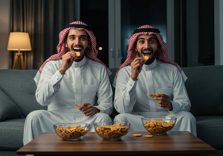 Two arabic businessmen eating chips and smiling while sitting on sofa at homeの素材