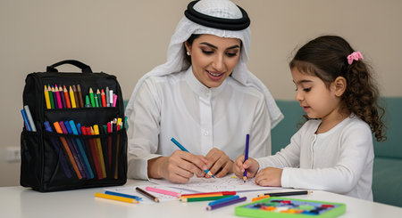 Arabian family drawing together at home. Arab mother and daughter spending time together.の素材