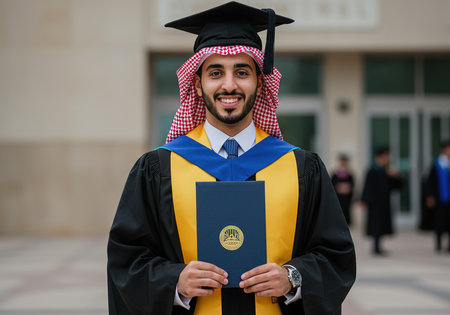 Portrait of happy arab man in graduation gown and cap holding diplomaの素材