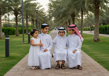 Happy family of three in Dubai, United Arab Emirates. Parents and children having fun outdoors.の素材