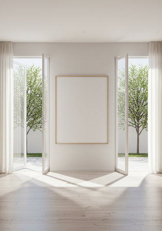 Interior of modern living room with white walls, wooden floor, large windows and white mock up poster frame. 3d renderingの素材