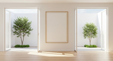 Empty room with white walls, wooden floor and big window. 3d renderingの素材