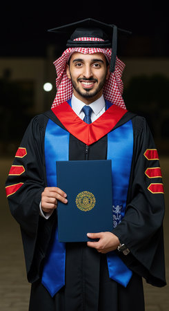 Portrait of a young arabic man graduate holding a diplomaの素材