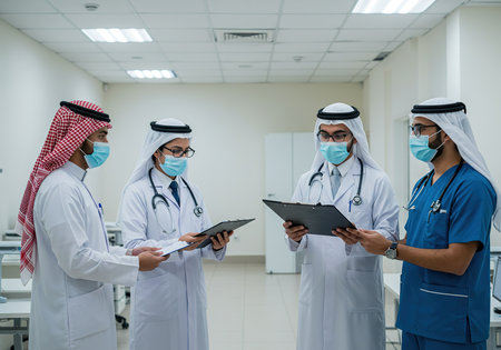 Portrait of arabic doctors discussing over clipboard in hospital corridorの素材