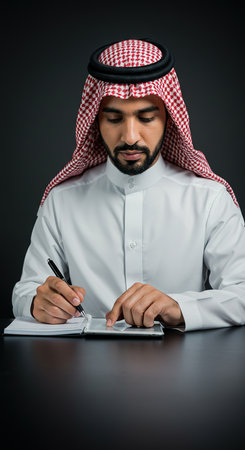 Portrait of arabian businessman writing in notebook on black backgroundの素材