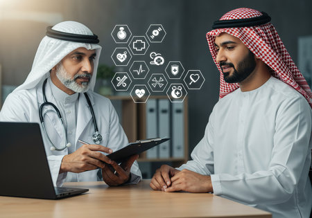 Arabic doctor and arabic man working with laptop in modern office. Healthcare and medical services concept.の素材