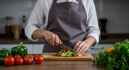 Closeup of female hands cutting vegetables on wooden board in modern kitchenの素材