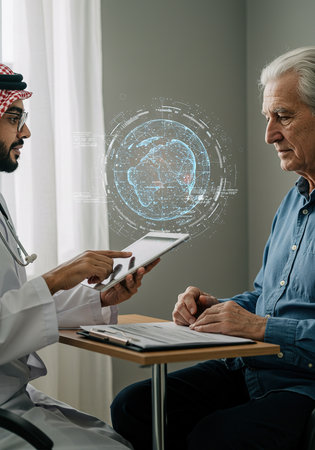 arab doctor and senior patient discussing something while sitting at the tableの素材