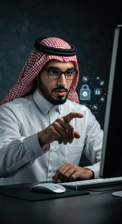 arabian businessman in formal wear using computer with padlock iconsの素材