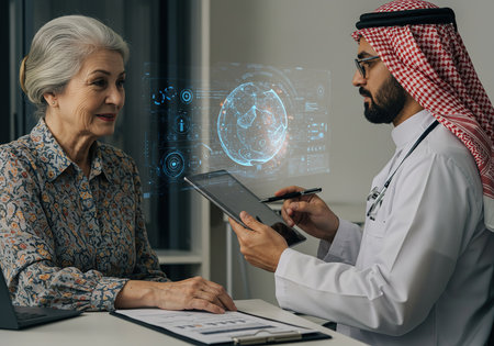 Arabic doctor using tablet computer with hologram of globe and senior woman patient in hospital office. Medicine and healthcare concept.の素材