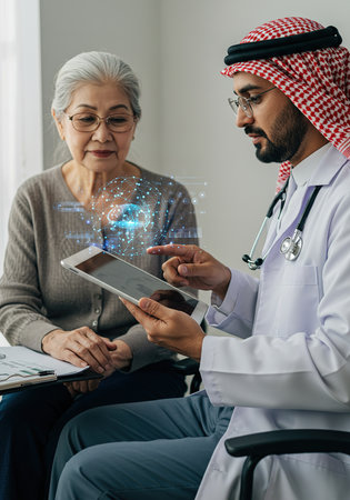 arab doctor using digital tablet with hologram and senior patient in wheelchairの素材