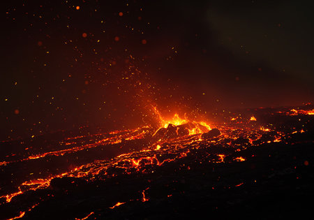 Burning lava on the volcano at night. Landscape of the volcano.の素材