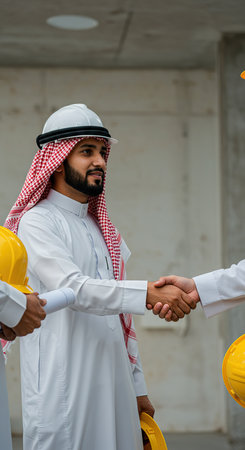 Arab businessman shaking hands with engineer in construction site. Business handshake concept.の素材