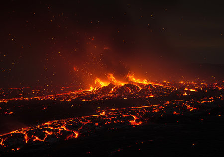 volcanic eruption at night, magma and smoke from the eruptionの素材