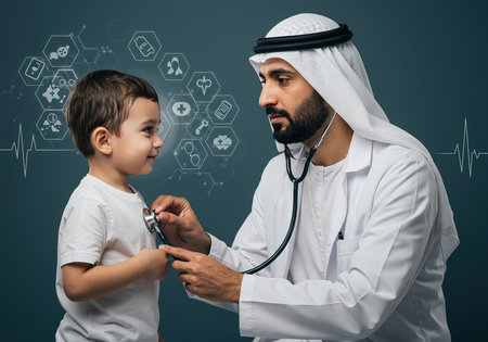 Arabic doctor examining a little boy with stethoscope. Health care conceptの素材