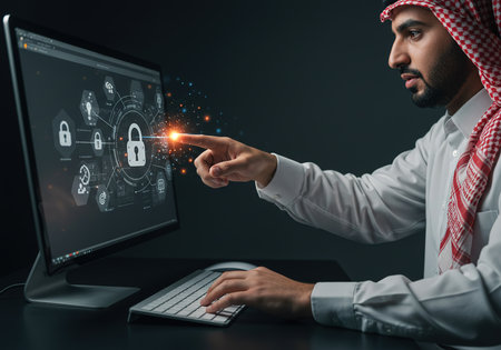 Portrait of young arabian businessman in smart casual wear working on computer with padlock icons on the screenの素材