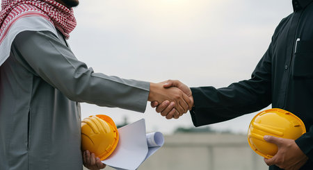 Arab engineer shaking hands with partner on construction site. Business handshake concept.の素材