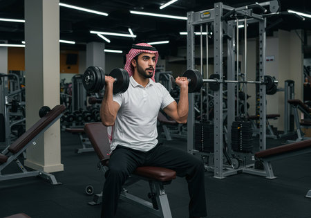 young arabic man doing exercises with dumbbells in gymの素材