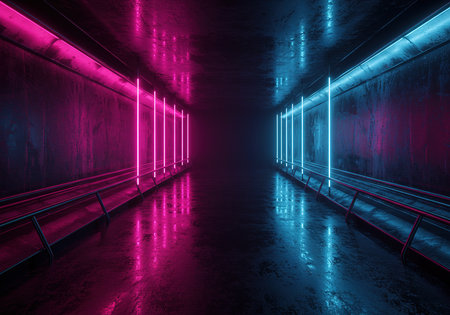 Futuristic dark corridor with glowing neon lights. 3D renderingの素材