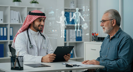 Arabic doctor in white coat and arabian man in glasses with stethoscope talking to patient in hospital. Concept of healthcare and medicine.の素材