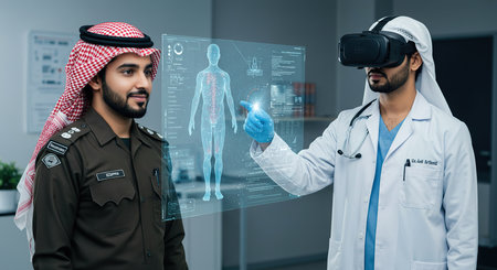 arabian doctor in virtual reality headset pointing at x-ray of patientの素材