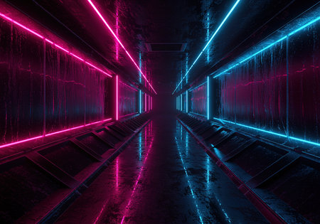 Futuristic dark corridor with glowing neon lights. 3d renderingの素材