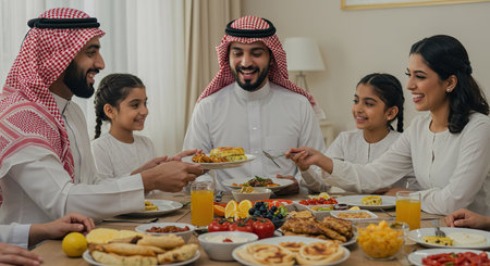 Arabic family having breakfast together at home. People having dinner together.の素材