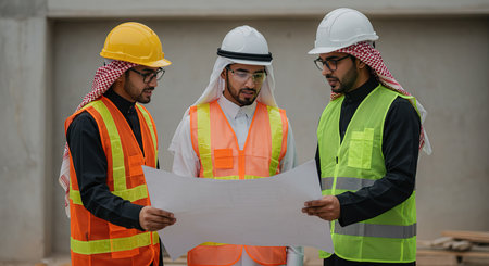 Architects and engineers discussing the construction plan at the construction siteの素材