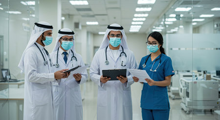 Group of doctors and nurses wearing face masks in hospital. Medical concept.の素材