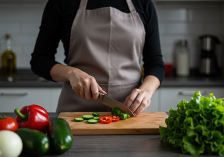 Close up of woman's hands cutting fresh vegetables on wooden board in kitchenの素材
