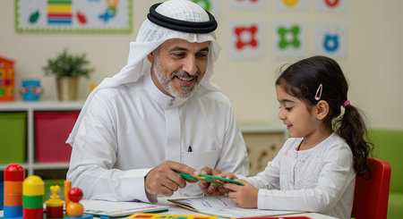 Arabic man with his daughter in a playroom playing with colored pencilsの素材