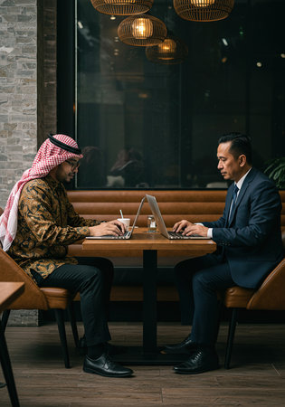 Two Arab businessmen working together in a coffee shop. Business concept.の素材