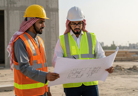 Arab engineer and arabian architect discussing construction plan at construction siteの素材